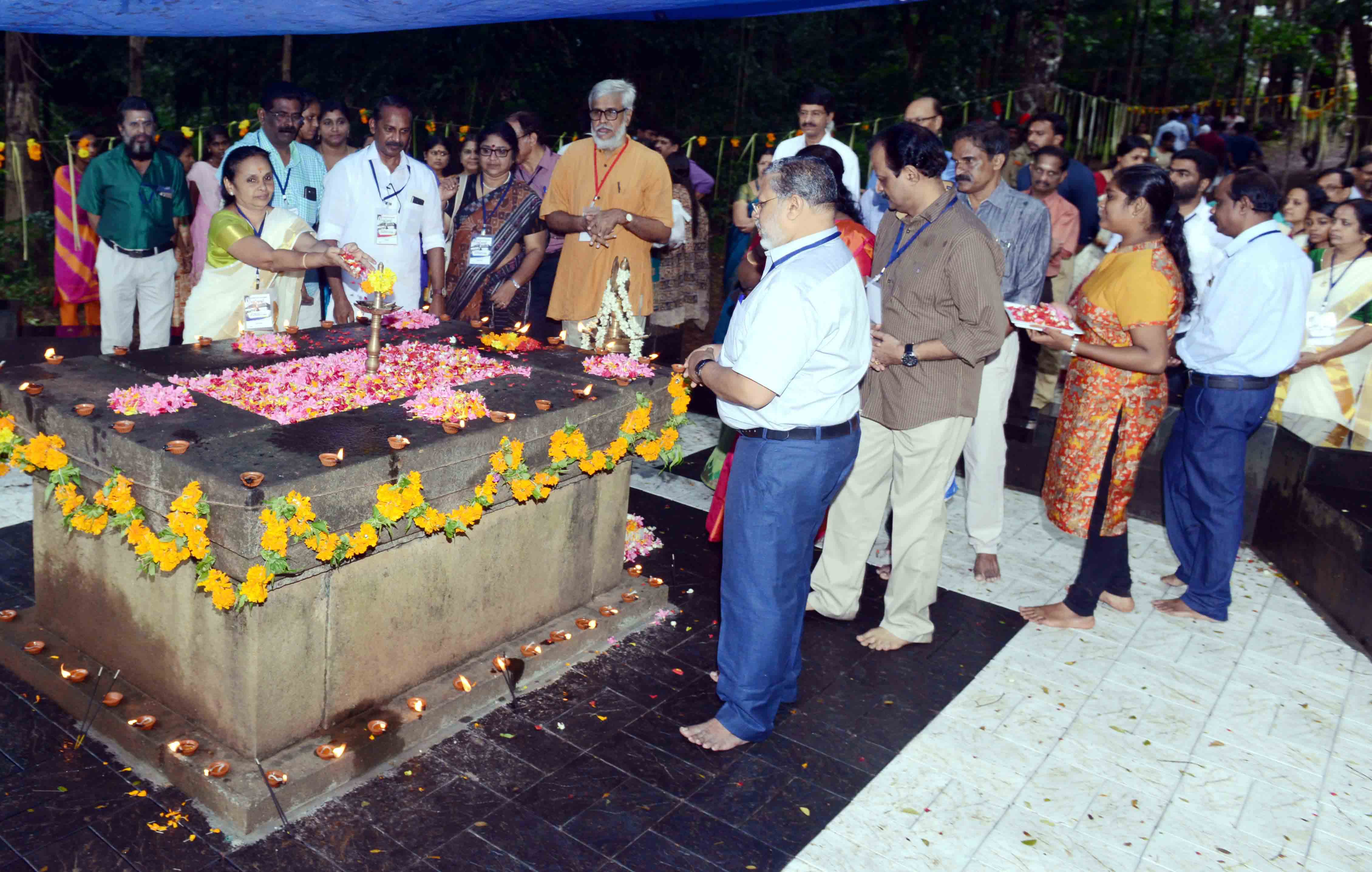 Principal Prof. C M Latha worships the tomb of H H Sri Rama Varma Thampuran, Maharaja of erstwhile kingdom of Kochin, who owned the Merry Lodge Palace which later converted as Sree Kerala Varma College.